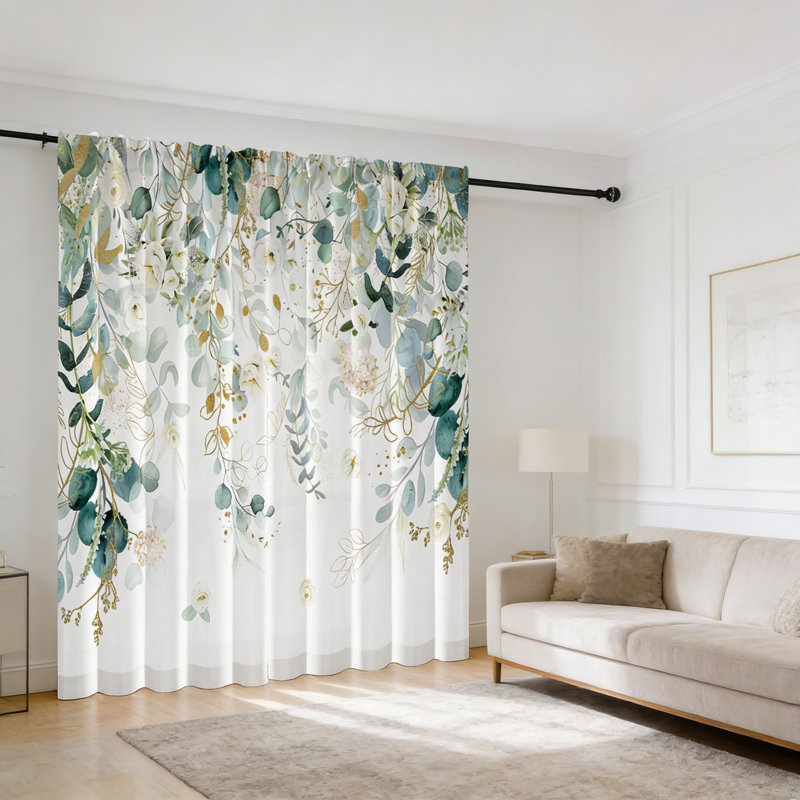 Rideaux dorés et verts pour le salon, feuilles d'eucalyptus bleues et vertes, l 52 po x L 84 po