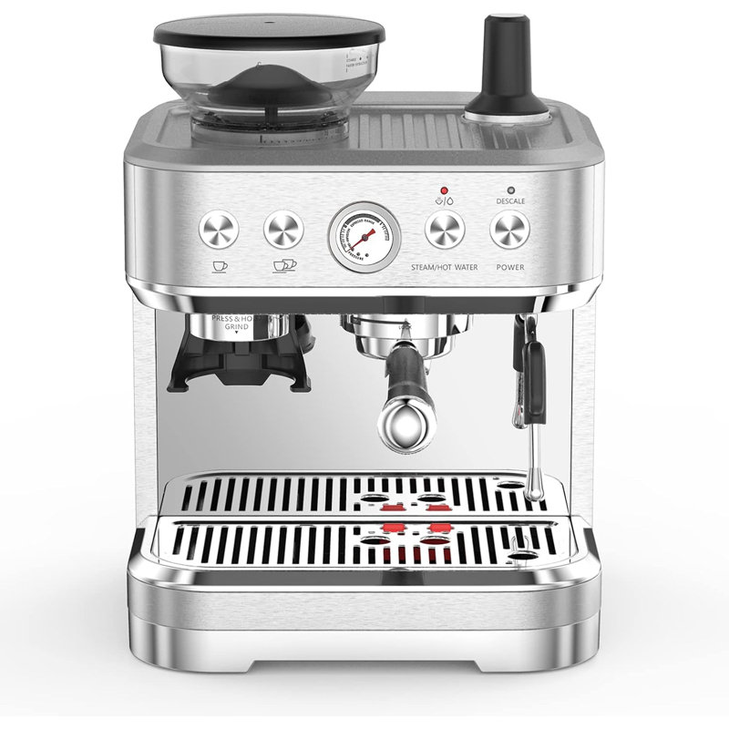 Stainless Steel Bean-to-Cup Espresso Machine with Silver Plating, Built-in Grinder & Milk Frother