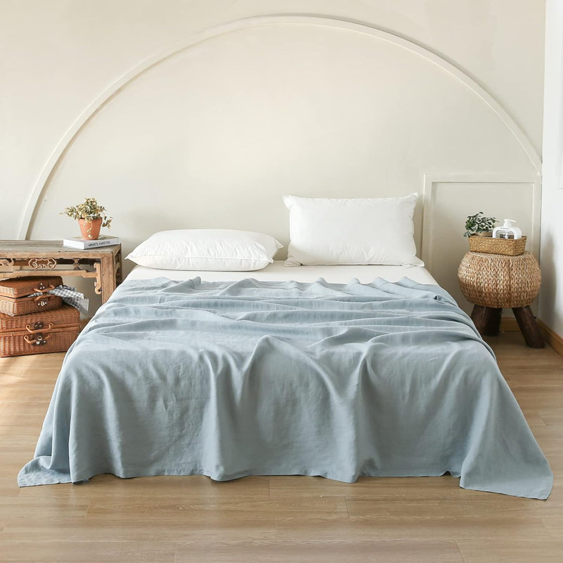 French Flat Sheet With Embroidered Border-100% Stone Washed Flax Bedding, Dusty Blue, Queen