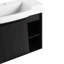 Meuble-lavabo mural blanc en céramique 28 po avec aspect chêne foncé, mécanisme de fermeture en douceur, 45 poignées cachées, armoire à une porte, deux tablettes ouvertes, finition à l'eau, fonction, design,