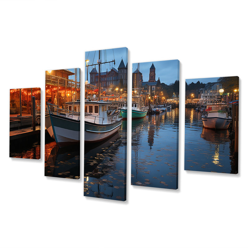 «Port Harbor Lights», reproduction sur toile nautique et de plage, 5 panneaux