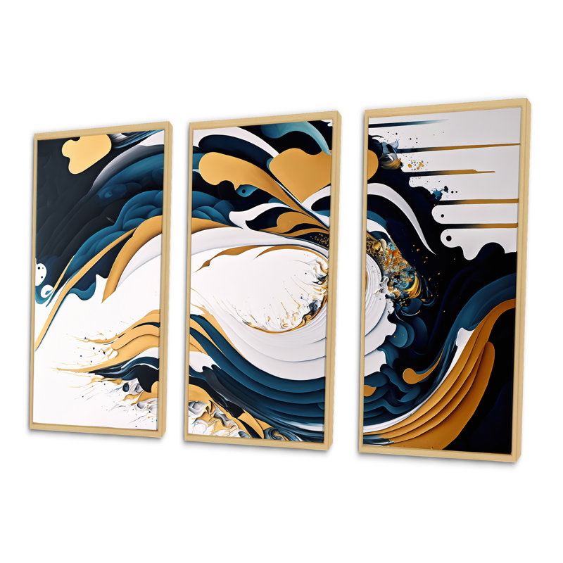 Bleu et or, art moderne abstrait, peinture V - ensemble d'art mural moderne sur toile, H 28 po x l 36 po x P 1 po