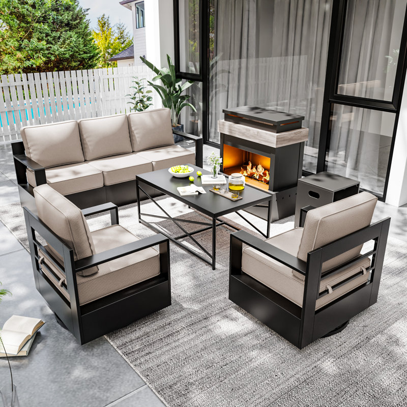 5-Piece Modern Aluminum Outdoor Patio Furniture Set Swivel Chairs with 50000-BTU Outdoor Propane Fireplace,Beige Cushions and Coffee Table