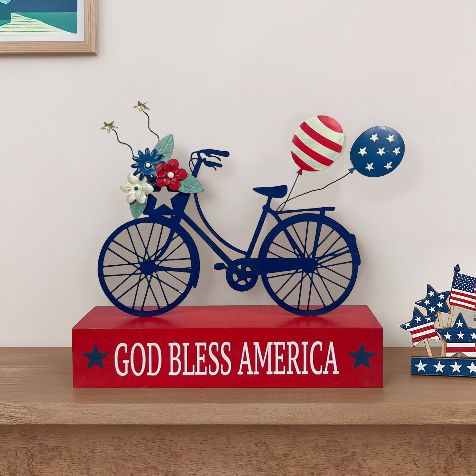 American Patriotic Decor 4Th Of July Decorations USA Flag Bicycle Box Sign Wooden Block Home Decor Rustic Farmhouse Sign Tabletop For Memorial Day Independence Day