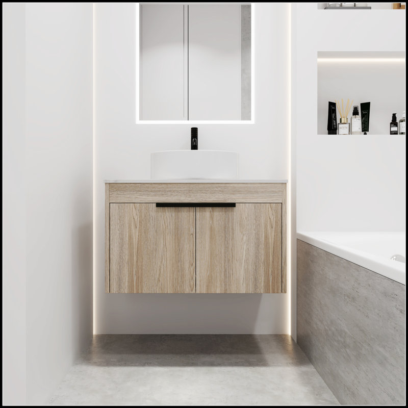 Meuble-lavabo mural moderne en chêne blanc avec lavabo en céramique, porte à fermeture douce et emballage KD-Easy
