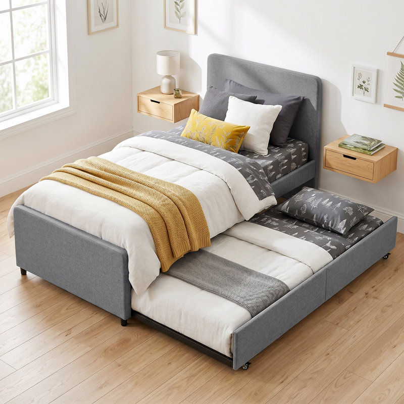 90 x 190 cm Upholstered Single Bed, Pull Out Trundle Bed, Black