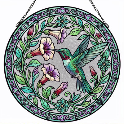 Panneau de vitrail à motif floral Colibri ， H 12 po