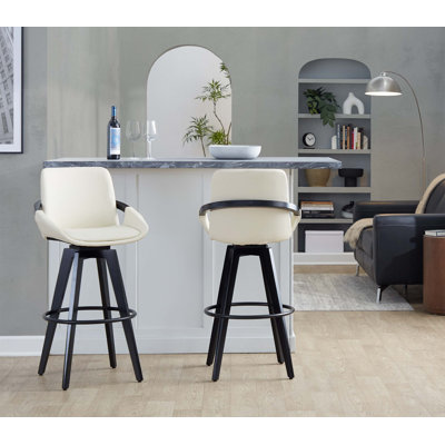 Fixed-Height Swivel Barstool Set Of 2 With Camel Faux Leather Seat, Black Wood Legs, And Integrated Round Metal Footrest For Stable Comfort.