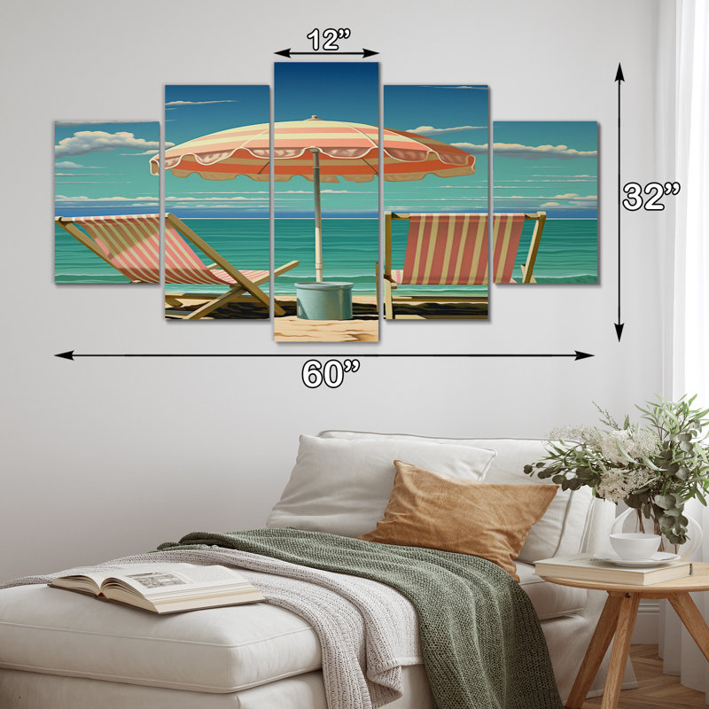 Chaises de plage rétro sous un ciel clair - reproduction d'art sur toile côtière - 5 panneaux