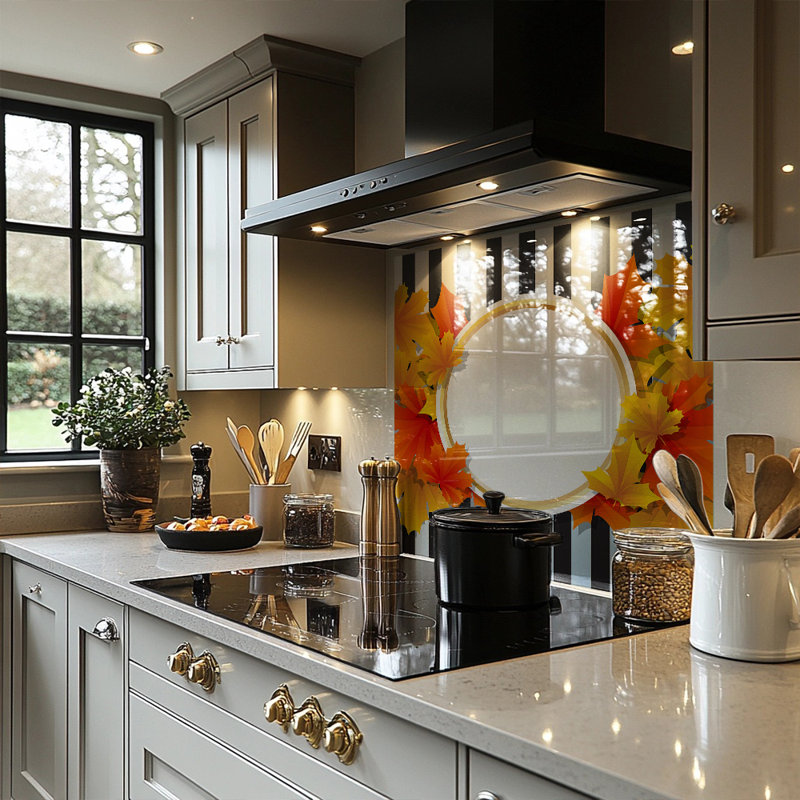 Autumn Leaves On Stripes Splash Back, 60cm L x 60cm W