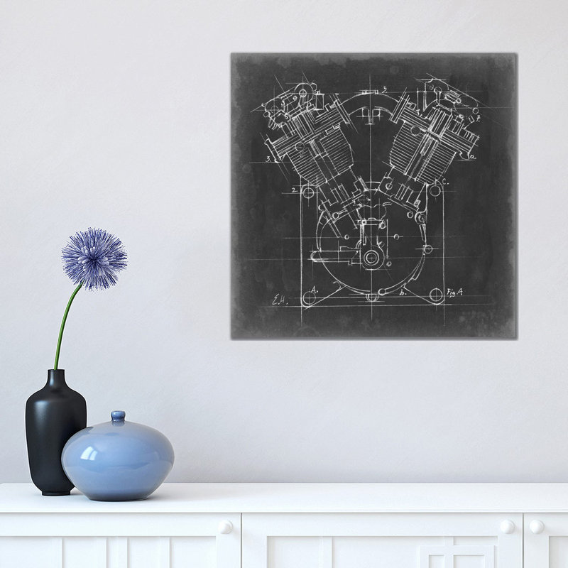 « Motorcycle Engine Blueprint II » par Ethan Harper, reproduction d’art, H 18 po x l 18 po x 1,5 po, Toile tendue