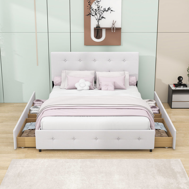 Queen Sized Upholstered Platform Bed with Tufted Headboard and Built-in Storage Drawers, White