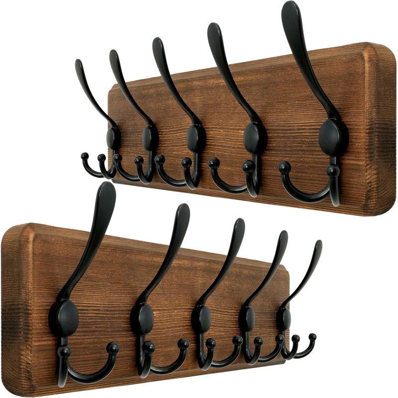 Portemanteau mural en bois massif avec 5 crochets triples, cintre robuste pour vestes, vêtements, chapeaux, sacs à dos, quincaillerie de fixation incluse