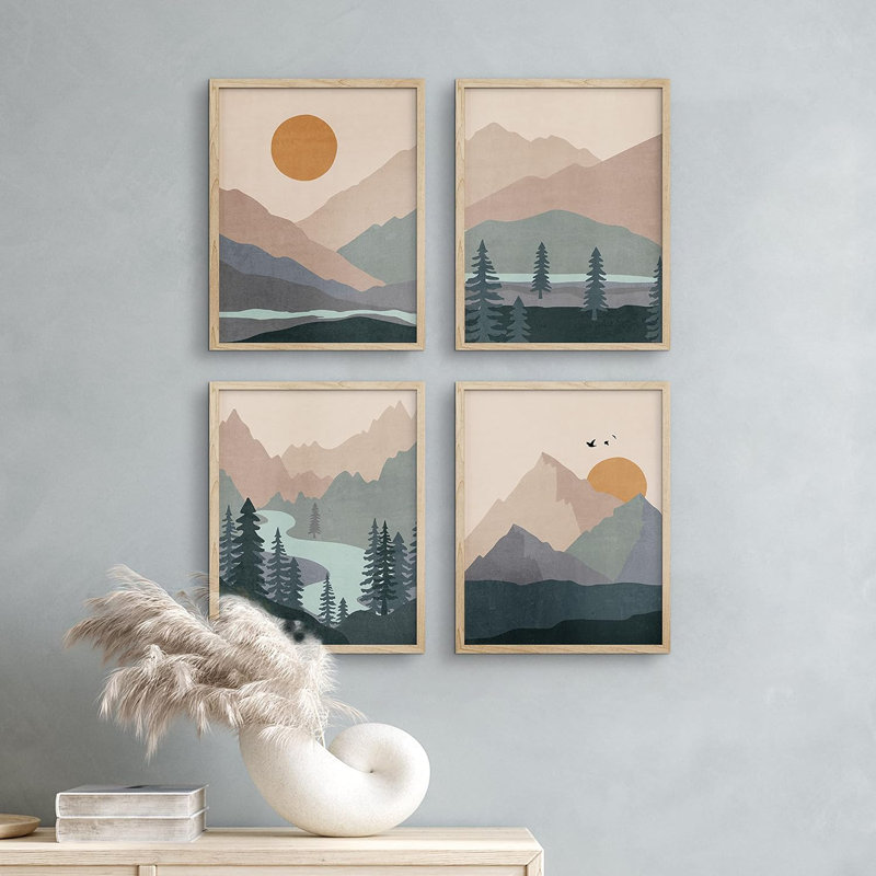 Ensemble de 4 impressions murales encadrées bleu sarcelle, forêt de rivière, paysage, encadrées sur papier, impression de 4 pièces