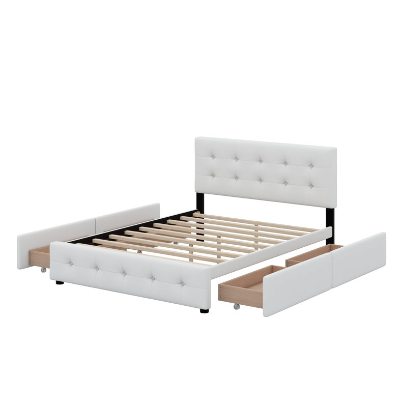 Grand lit plateforme tapissier avec tête de lit classique et tiroirs, Blanc