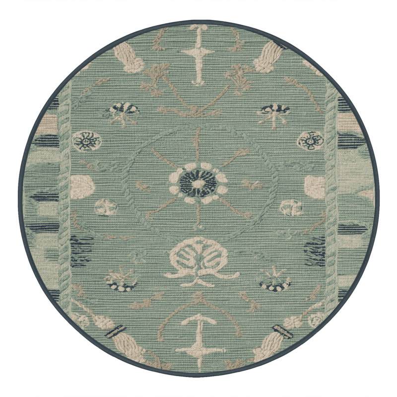 Washable Seafoam Nautical Area Rug, Round 8'