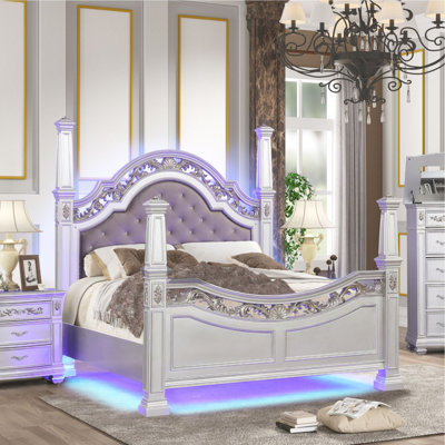 Maruschka Collection Silver Tufted and Carved Bed with LED Lighting