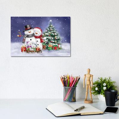 «Snowman Family and Tree» par Makiko - reproduction d'art sur toile tendue