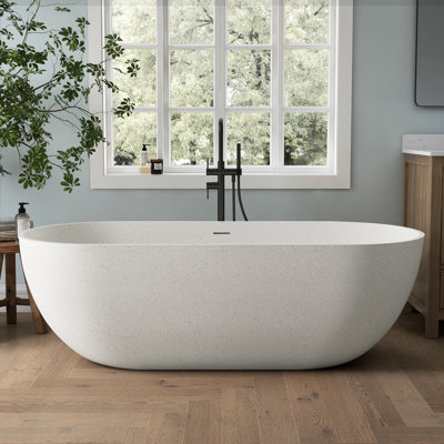 Baignoires de trempage extérieures autoportantes à surface solide de 69 po Forma, baignoire en pierre de terrazzo moderne avec drain et trop-plein à fente intégré