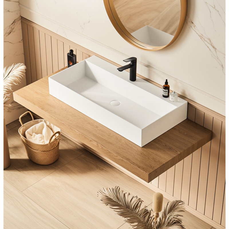Évier vasque rectangulaire à surface solide blanche matte 36 "x 18" avec trou pour robinet. Salle de bain spacieuse pour les intérieurs de salle de bain fonctionnels. Fonction de construction. Thèmes transitionnels simples à installer.