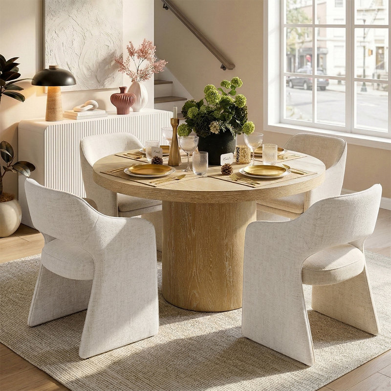 4 - Person Dining Table Sets With Solid Wood Round Table & 4 Upholstered Fabric Chairs, Beige, Natural