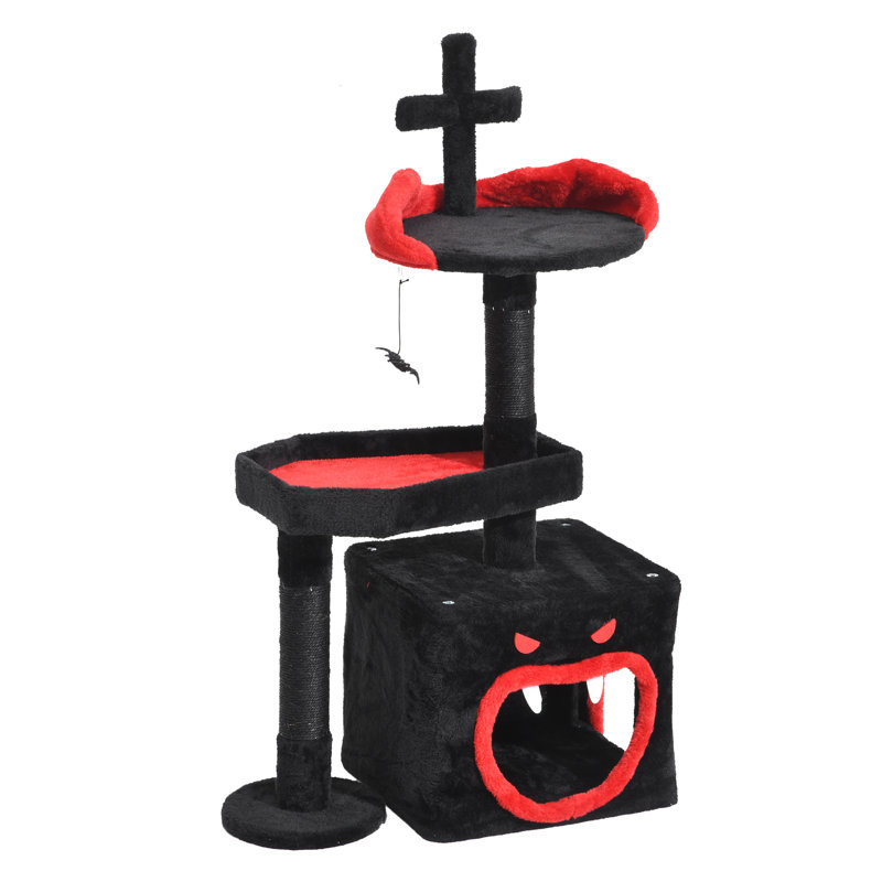 Gothic Black and Red Velvet Cat Tree Tower with Scratching Post