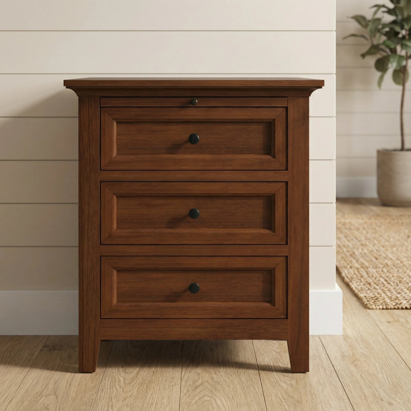 Table de chevet 3 tiroirs, table de bout en bois massif avec tablette coulissante, table de chevet pour le bureau de la chambre à coucher brun