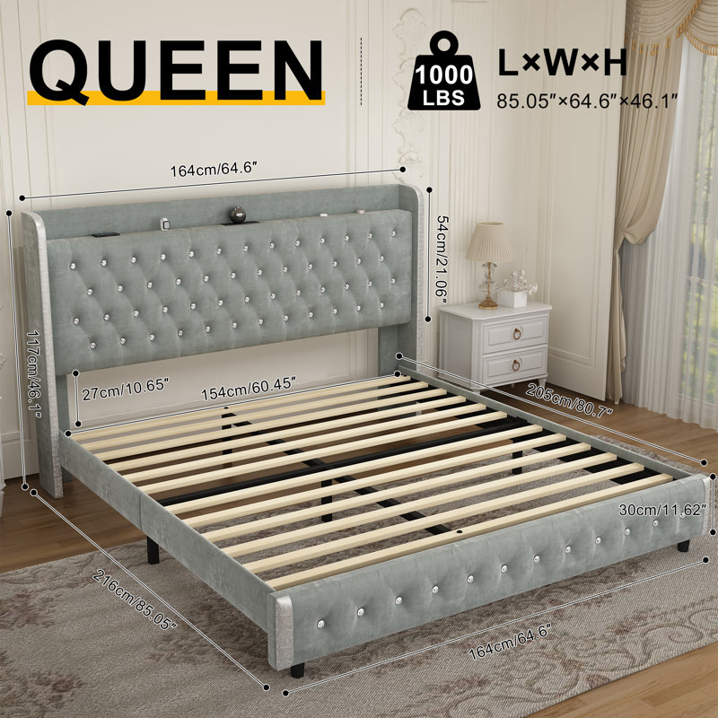 Modern Upholstered Bed Frame With Crystal Button Headboard And LED Starry Night Light, No Box Spring Needed, Gray, Queen