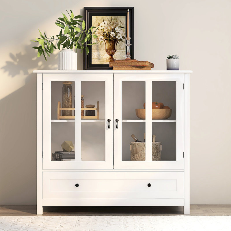 Buffet avec deux portes vitrées et poignée élégante en forme de cloche - blanc pour la décoration intérieure rétro