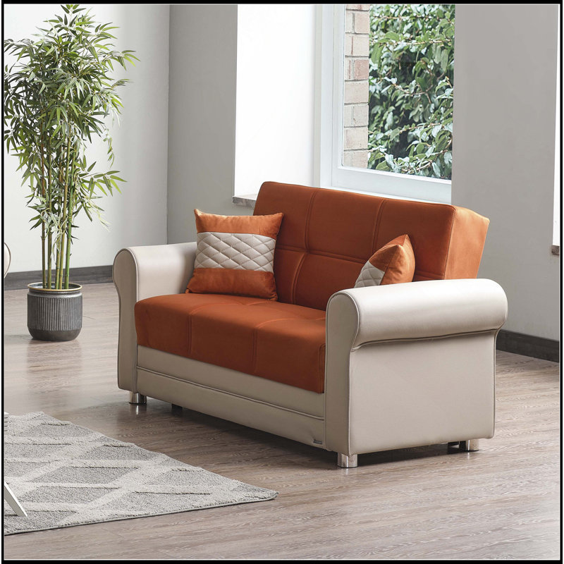 Causeuse convertible rembourrée avec rangement, Polyester orange / blanc