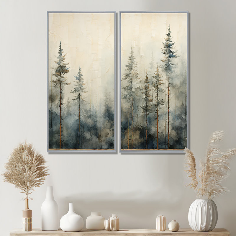 Minimalisme, forêt de pins d'hiver - grande forêt, art mural 2 panneaux, Impression encadrée flottante, H 40 po x l 40 po