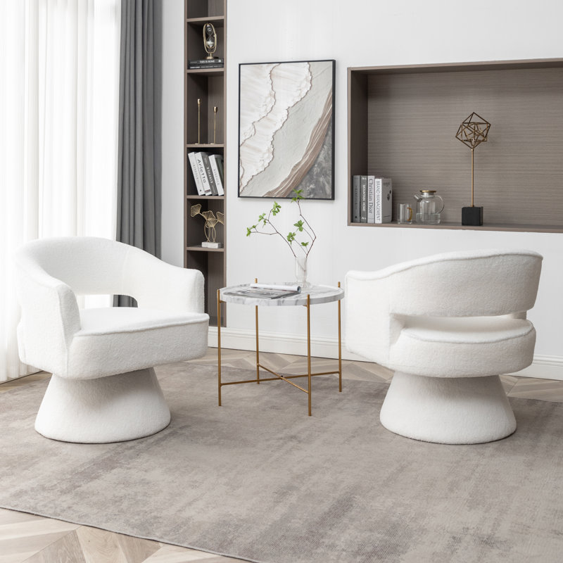 Fauteuil demi-tonneau pivotant de 28 po Kenzlee, Tissu en peluche blanc