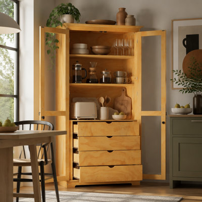Kitchen Pantry, Freestanding Kitchen Storage Cabinet Display Cabinet with Glass Doors and 4 Built-in Drawers for Living Room, Home Office