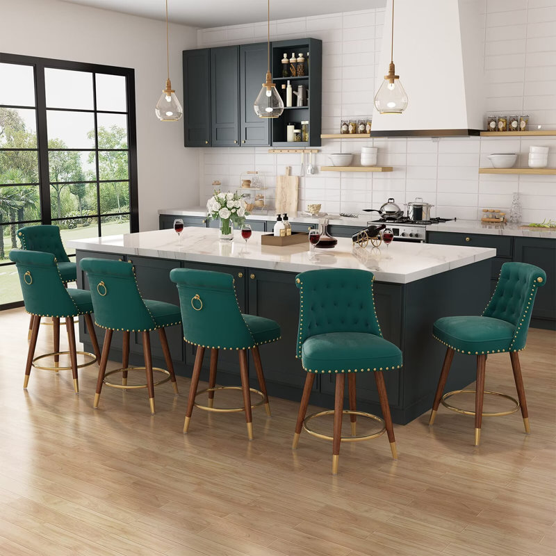 Swivel 24.00'' Counter Stool, Counter Height Bar Stools, 360°Swivel Upholstered Barstools with Back and Footrest for Kitchen Island, Solid Wood Legs