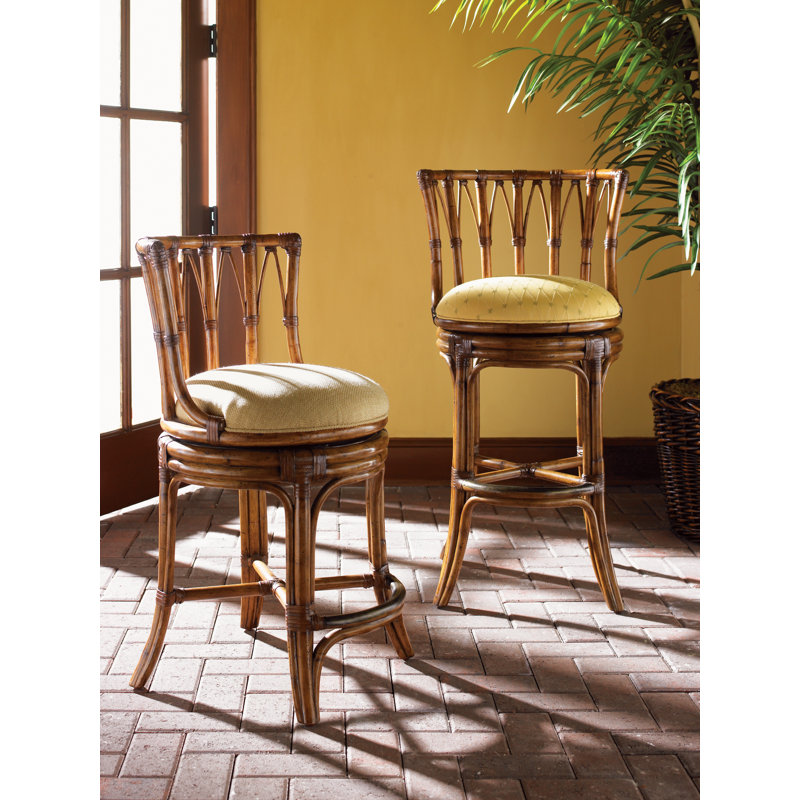 Brown Leather and Wood Swivel Bar Stool