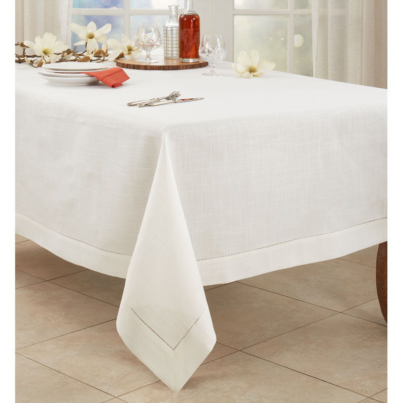 Ivory Hemstitched Border Fabric Tablecloth, 70" x 180"