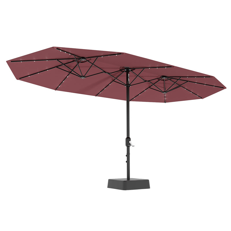 Grand parasol de patio 15 pi avec base et lumières solaires, parasol rectangulaire surdimensionné pour 8 à 10 personnes, 36 lumières DEL et base lestée pour piscine, terrasse, jardin, rouge vin