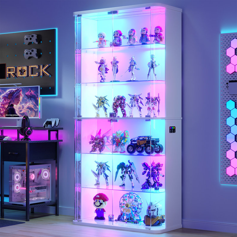 70.9" T Glass Door Display Cabinet with RGB Light, 6-tier Rounded Corner Storage Cabinet with Human Body Sensor , White