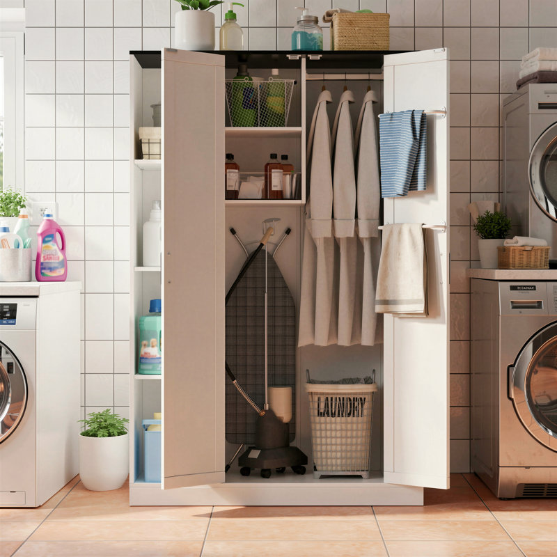 Storage Cabinet For Brooms And Mops, Wooden Broom Closet Organizer For Ironing Board, Vacuum Cleaners, 63" H Tall Utility Cabinet With Hanging Rod And Broom Holder For Laundry Room, Home Office