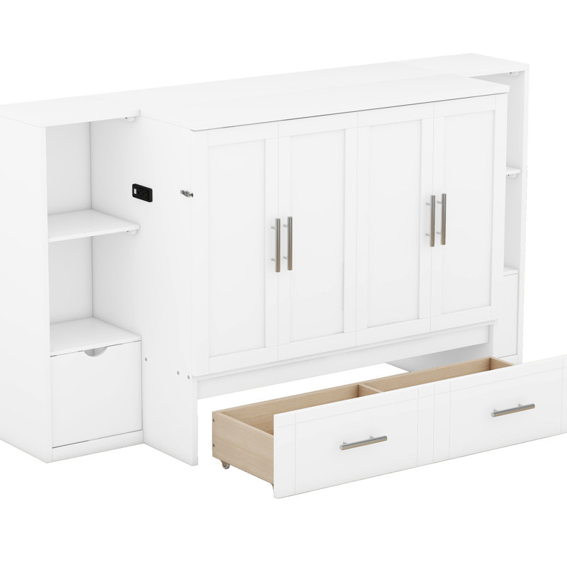 Queen Size Bed With Stylish Shelves, Drawers And Space Saving Shelf Combinations, &