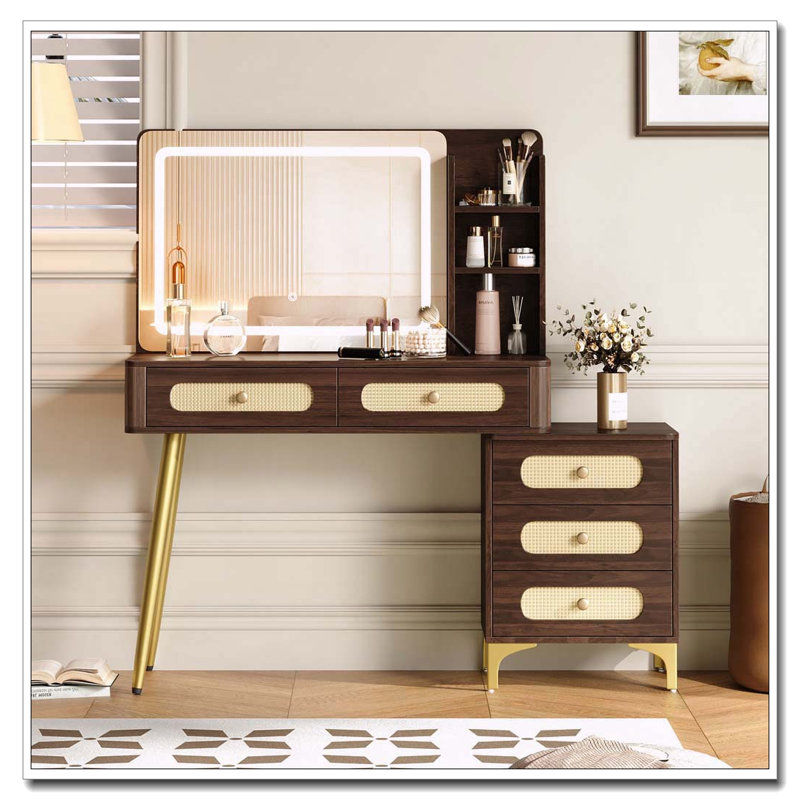 Coiffeuse 47 po avec miroir et lumières et tiroirs en rotin, Brun