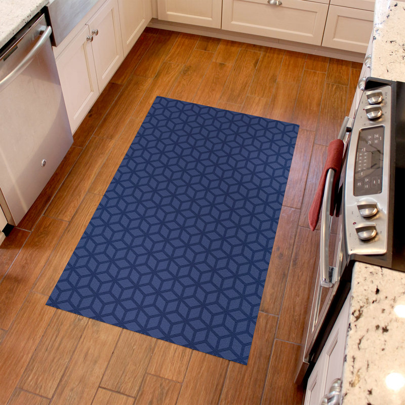 Un-Rug Cubics Rube Low Profile Kitchen Mat by Matterly, Rectangle 3' x 5', Blue