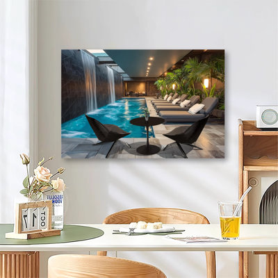 «Serene Cozy Outdoor Pool, Large Gallery», reproduction d'art sur toile tendue pour le salon et la chambre à coucher