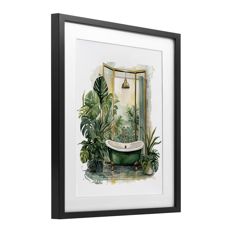 Baignoire dans une oasis tropicale, reproduction encadrée sous verre, design avec lettres et doublure, Cadre noir minuit
