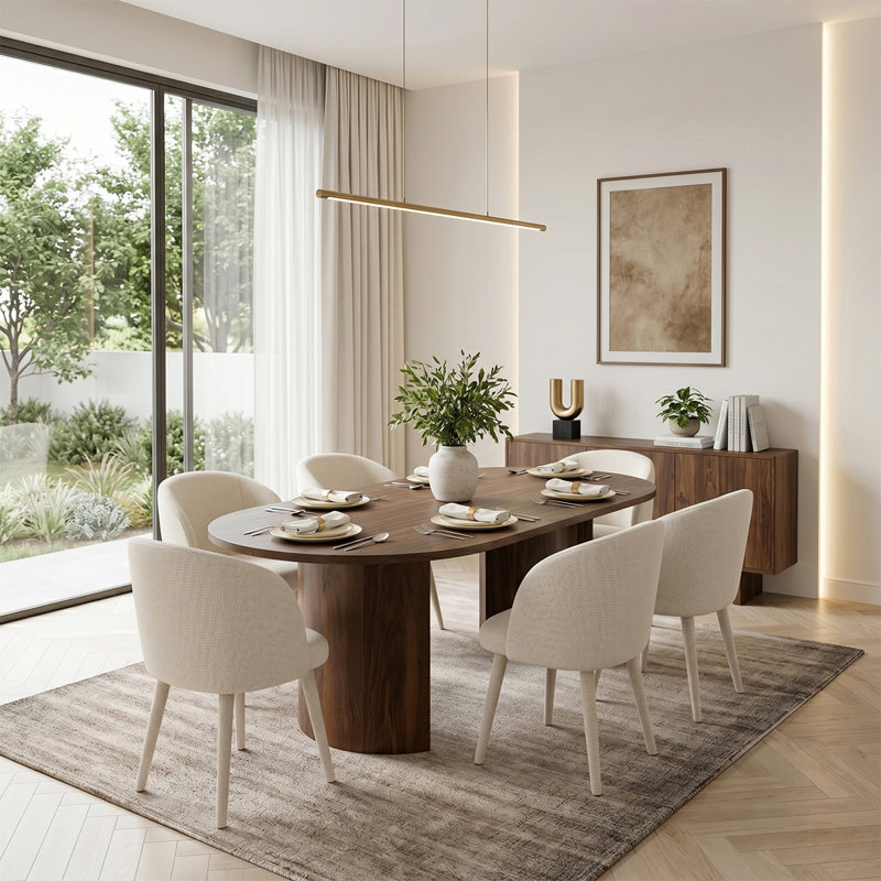 Ensemble de table de salle à manger ovale 79 po avec 6 chaises rembourrées Theodore, Blanc