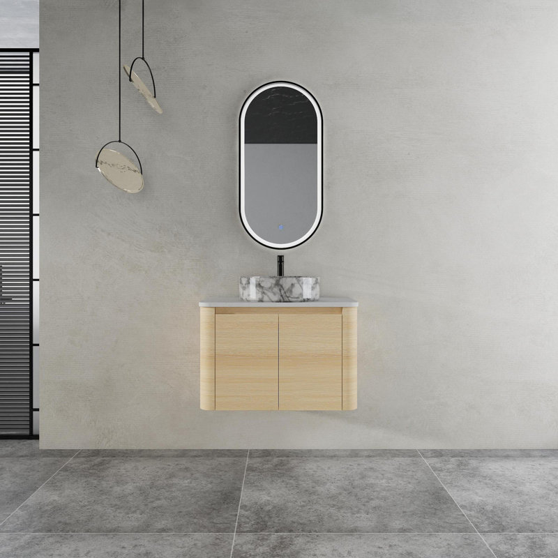 Meuble-lavabo mural avec lavabo en céramique, Blanc / Gris