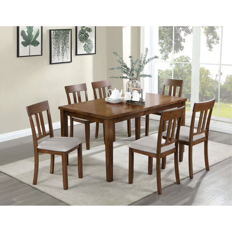 Transitional Style 7Pc Dining Table Set 1X Rectangle Table 6X Chairs Padded Seat Cushion Walnut And Beige Finish