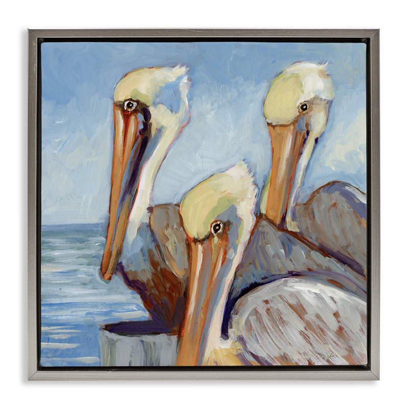 "Nautical Pelican Trio", art mural encadré flottant par Susan Winget, H 25 po x l 25 po, Cadre flottant gris lustré