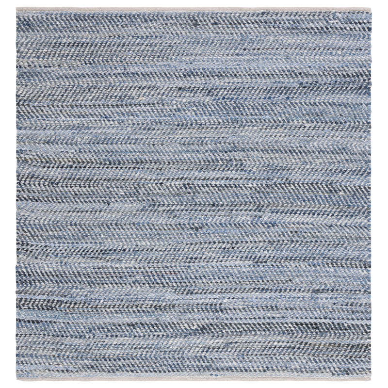 Tapis bleu / ivoire en laine et coton tissé à plat à la main Treece, Carré 8 pi