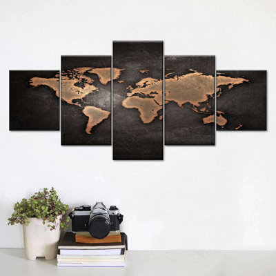 Carte du monde en cuivre sur toile, ensemble de 5 pièces